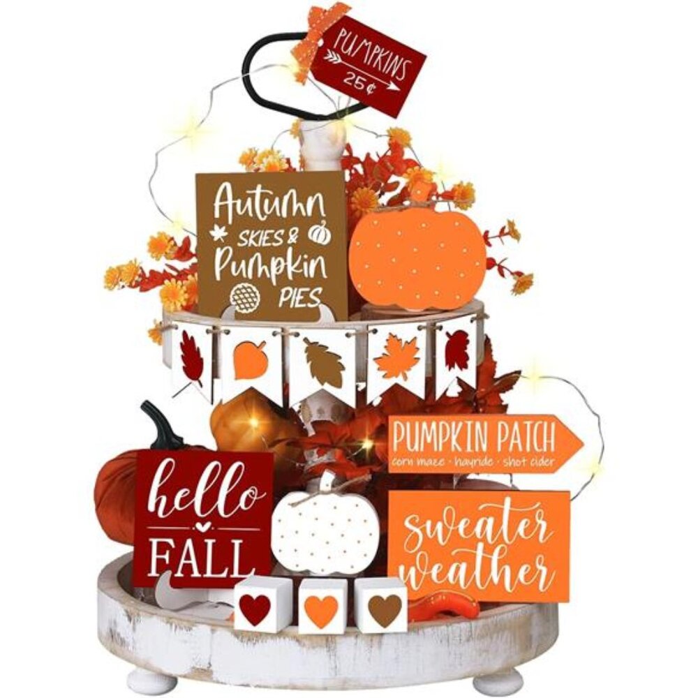 15 Pcs Fall Tiered Tray‎ Decor Set, Wooden Signs & Gnomes for Thanksgiving Decor